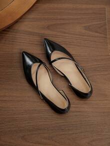 New French Style Pointed Toe Thin Strap Side Cutout 3cm Hidden Height Increase Flat Ballet Shoes Soft Sole Slip-On Mary Jane Shoes For Office Commute - Black - View 5