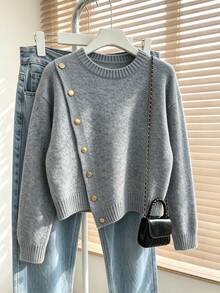 Elegant Women's Grey Long Sleeve Sweater, Rib-Knit With Stylish Asymmetrical Design And Gold Button Embellishments For Fall Winter - Grey - View 1