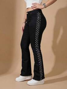 pthirillo Women's Black Flare Jeans With Rhinestones, High Waist, Butt-Lifting, Premium Shine - 側面飾有水鑽條紋 - 查看 4