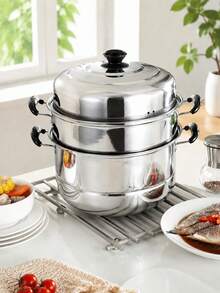 2/3 Tier Stainless Steel Steamer Pot With Lid, Multi-Function Soup Pot For Steaming And Boiling, Home Kitchen Steamer For Fish, Meat, Vegetables, Dumplings, Compatible With Induction And Gas Stoves - View 3