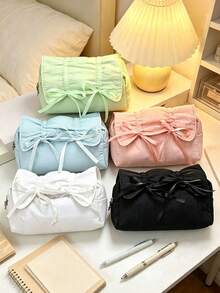 Ballet Style Light Blue Bow Drawstring Pencil Case, Large Capacity Stationery Storage Bag, Elegant Bow Decoration, Smooth Polyester Fabric, Minimalist Sweet Style, All Season, Unisex Adult, Suitable For School, Office, Travel And Daily Use - Multiple Styles - View 5