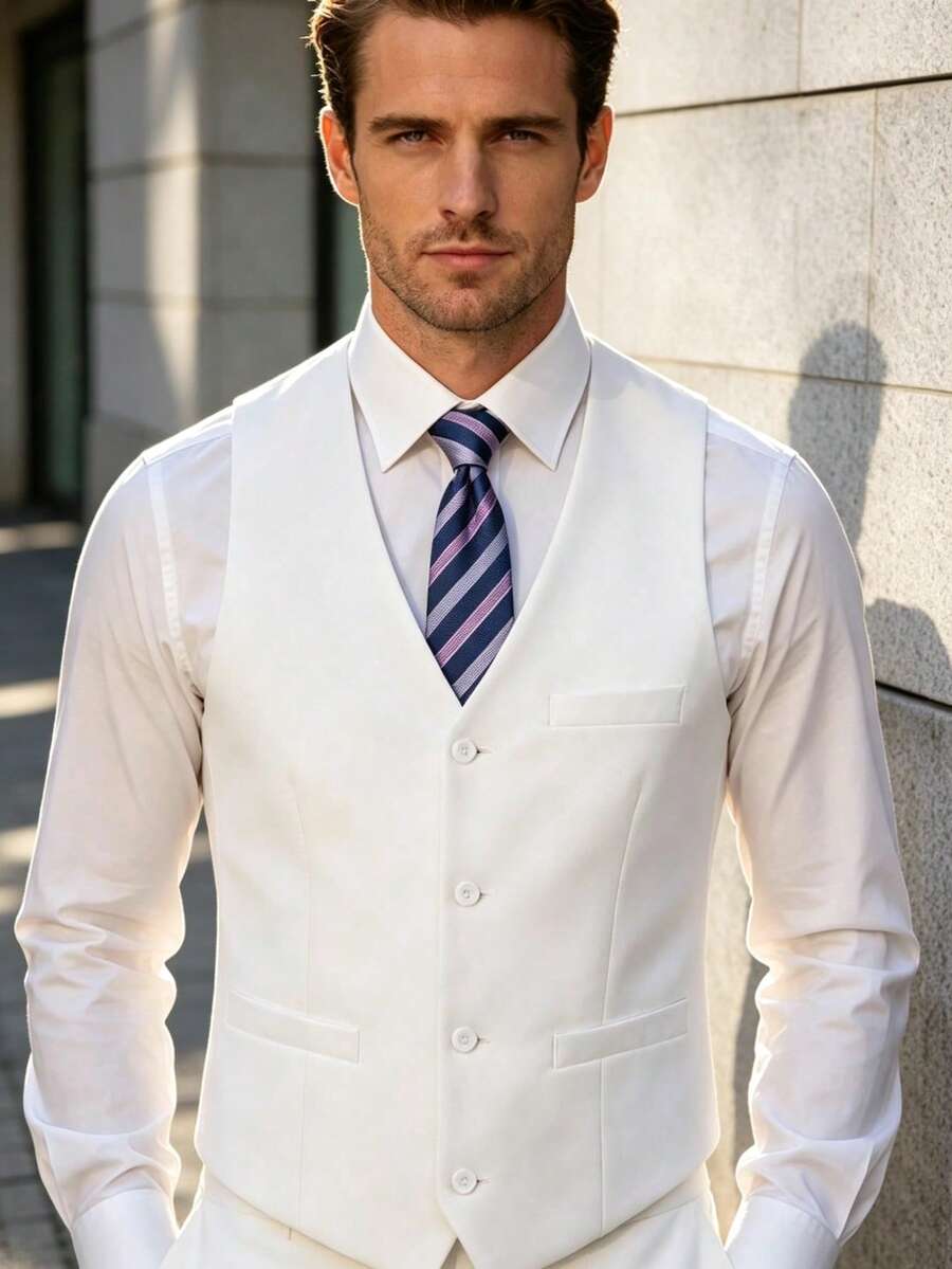 Men's Solid Color Formal Suit Vest, Wide Pocket Design, Suitable For Business, Wedding, Party, Can Be Paired With Men's Suit Set