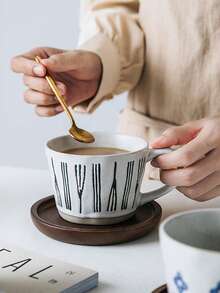 1pc Handmade Coarse Ceramic Coffee Cup Set, Ceramic Cup + Wooden Coaster, Suitable For Home, Office, Cafe Use, Great Gift Choice - Multicolor - View 9