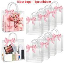 30pcs (20*20*8cm) Transparent PVC Tote Bags, Shopping Bags, Birthday Party Gift Packaging Bags, Transparent Reusable Waterproof Multi-Purpose Holiday Favor Bags (15pcs Bags+15pcs Ribbons) - Transparent - View 1