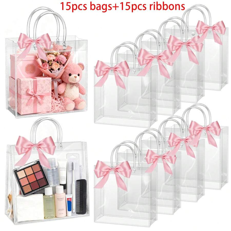30pcs (20*20*8cm) Transparent PVC Tote Bags, Shopping Bags, Birthday Party Gift Packaging Bags, Transparent Reusable Waterproof Multi-Purpose Holiday Favor Bags (15pcs Bags+15pcs Ribbons) - Transparent - View 1