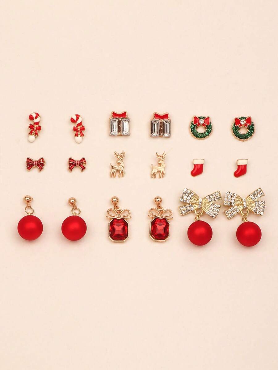 1 Set 9 Pairs Christmas Tree Bow Tie Snowman Reindeer Earrings Set For Women, Suitable For Christmas Party - Multicolor - View 1