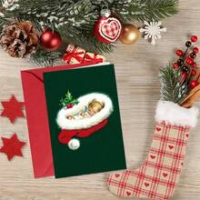 1 Greeting Card + 1 Envelope Adorable Christmas Greeting Card, Sleeping Figure In Hat With Holly Text Season Greetings, Perfect For Friends, Winter Holiday Vintage Style Card. - Yellow Envelope - View 7
