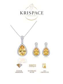 2pcs/Set S925 Sterling Silver Pear-Shaped Cut Yellow Crystal Women's Jewelry Set, Water Drop Pendant Necklace And Dangle Earrings, Suitable For Wedding Party, Best Gift For Her - Yellow - View 10