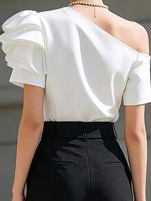 Elegaris Solid Color Elegant Asymmetrical Shoulder Puff Sleeve Blouse Summer Women's Top White - White - View 6