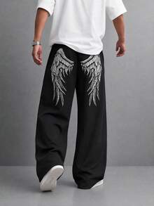 SU ER Men's Casual Drawstring Elastic Waist Loose Drapey Lazy Wide Leg Curved Hem Long Pants, Summer - Black - View 5