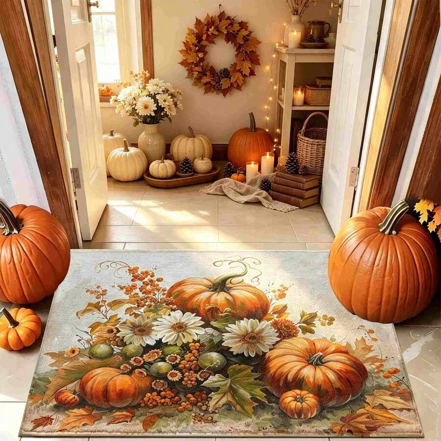 1pc Autumn Series Floral & Pumpkin Pattern Printed Faux Cashmere Surface TPR Bottom Doormat, Bathroom Mat, Kitchen Mat, Laundry Room Mat, Holiday Atmosphere Decor, Home Decor, Party Decor, Wedding Decor, Dining & Kitchen Decor - Multicolor - View 1