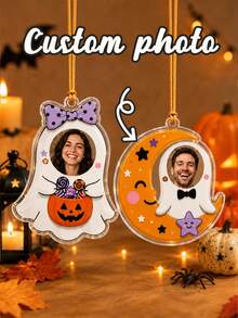 Custom Photo Halloween Hanging Ornament, Personalized Ghost Pendant Decor, Spooky Party Room Accent, Customized Name Keepsake, Customizable Picture Holiday Gift For Family, Friends, Couples, Festive Halloween Decor, Unique Gift, Room Decor - Ginger - View 1