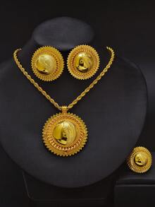 3pcs Golden Color Jewelry Set: Pendant Necklace, Earrings, Ring. Saudi Arabian, Ladies Party Jewelry, African Bride Wedding Accessories, Holiday Gift - A - View 8