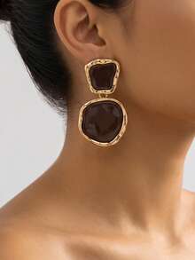 1 par de pendientes de botón de estilo vintage de doble capa con diseño geométrico, con borde de oro rosa y acabado marrón oscuro, adecuados para mujeres urbanas que buscan elegancia minimalista - Amarillo Oro - Ver 2