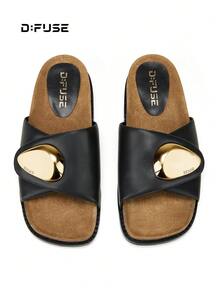 D:FUSE Women's Gold Metal Buckle Open Toe Slip-On Flat Low Heel Sandals, Office Lady Style, Summer Daily Date Beach Vacation Wedding Comfortable Black PU Slides - Black - View 12