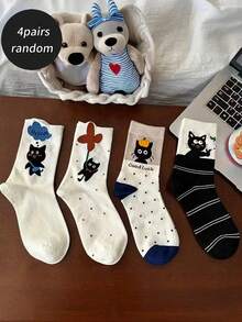 1/4/10 Pairs Lucky Cat Pattern Personalized Mid-Calf Socks, Suitable For School, Couples, Daily Wear, Autumn/Winter - Multicolor - View 9