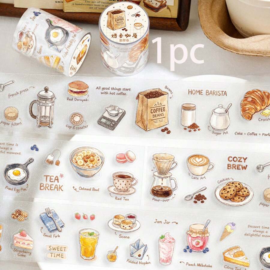 1pc Tea Time Roasted Aroma Coffee House Planner PET Glitter Washi Tape Stickers Decorative Collage Background Material - Multicolor - View 1