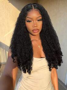 150% Density African Curly V-Part Partial Wig For Women, Voluminous Curly Hair, No Glue No Clip, Synthetic Black 16/24 Inch (#1B) - Black - View 10