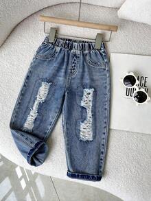 Boys' Casual Sports Denim Jeans With Distressed Ripped Design, Stretch Fabric, Street Style, Comfortable And Versatile For Daily Wear - Medium Wash - View 2