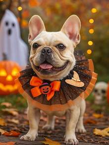 Halloween Pumpkin Print Dog Dress, Matching Bow And Ruffled Collar Set, Cute Orange And Black Halloween Costume, Lantern Pattern, Party Pumpkin Dress, Glittery Pumpkin Bow Hair Clip And Glittery Mesh Ruffled Collar - Multicolor - View 6