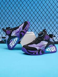 1 Pair PU Leather Kids' Sports Shoes, Boys' Basketball Shoes With Rotating Buckle, 2026 Spring New Style, Durable, Anti-Slip, Practical Athletic Shoes - Purple - View 4