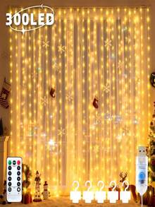 1pc Copper Wire Curtain Lights, 300 LED Fairy Curtain Lights, 8 Lighting Modes, With Remote Control, Suitable For Halloween/Christmas Decoration, Wedding Decoration, Party Decoration, Room Decoration And Home Decoration - Curtain String Lights - View 3