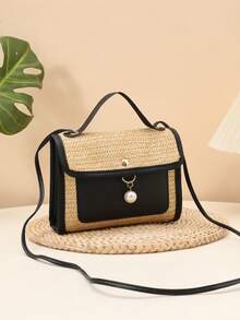 Summer Casual Straw Woven Pearl Pendant Small Square Handbag Crossbody Bag - Black - View 6
