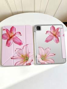1件粉色百合花平板保護殼，相容 iPad Mini6/7/Air/Air2/9.7/10.2/10.5/10.9 (Air4-Air8)/Pro 11/10th Gen/A16/Pro 11 2024，雙面彩繪圖案，透明壓克力背殼，絲綢質感 8 折支架，自動休眠/喚醒，內建筆槽，不含筆，部分機型附相機框 - 彩色 - 查看 7