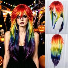 Vibrant 26 Inch Rainbow Color Long Straight Wig, Side Bangs Rainbow Hair Color, Anime Inspired Wig, Synthetic Fiber Wig, Adjustable Breathable Inner Cap, Easy To Style, Suitable For Cosplay, Party And Daily Wear, Perfect For Halloween Events - Multicolor - View 2