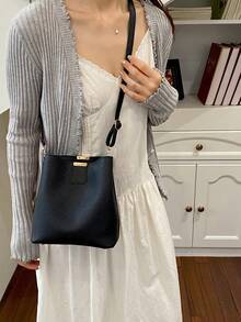 Black Litchi Texture Bucket Bag, Large Capacity Shoulder Crossbody Bag, Minimalist Commuter Versatile Women's Handbag - Black - View 9