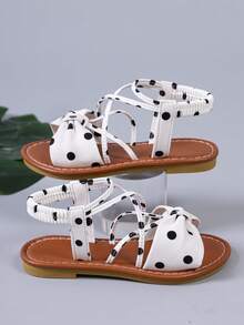 Cute White Polka Dot Bow Sandals For Girls, Criss-Cross Elastic Ankle Strap, Open Toe Kids Summer Shoes, Suitable For Party, Daily Wear, Vacation - White - View 3