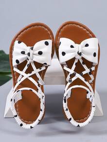 Cute White Polka Dot Bow Sandals For Girls, Criss-Cross Elastic Ankle Strap, Open Toe Kids Summer Shoes, Suitable For Party, Daily Wear, Vacation - White - View 2