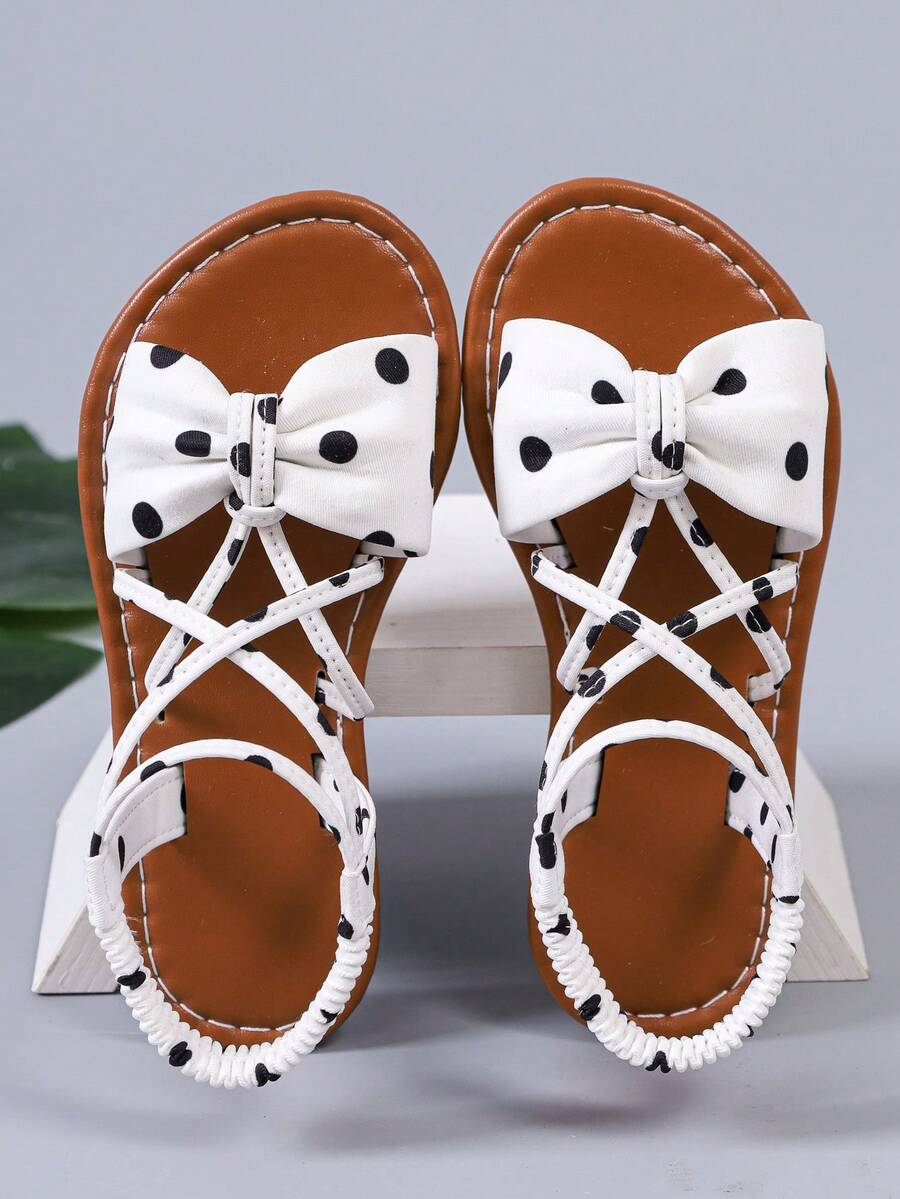 Cute White Polka Dot Bow Sandals For Girls, Criss-Cross Elastic Ankle Strap, Open Toe Kids Summer Shoes, Suitable For Party, Daily Wear, Vacation