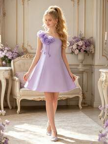 Vestido de noche elegante de un solo hombro con estampado floral para niñas preadolescentes, para dama de honor, fiesta de boda, baile, cumpleaños, graduación, concurso de belleza, actuación y ceremonia de graduación, vestido de princesa para niña - Púrpura malva - Ver 3