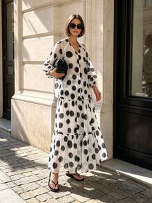 2pcs White & Black Polka Dot Print: V-Neck Sheer Puff Sleeve Top And Layered Ruffle Hem Maxi Skirt - Black and White - View 1