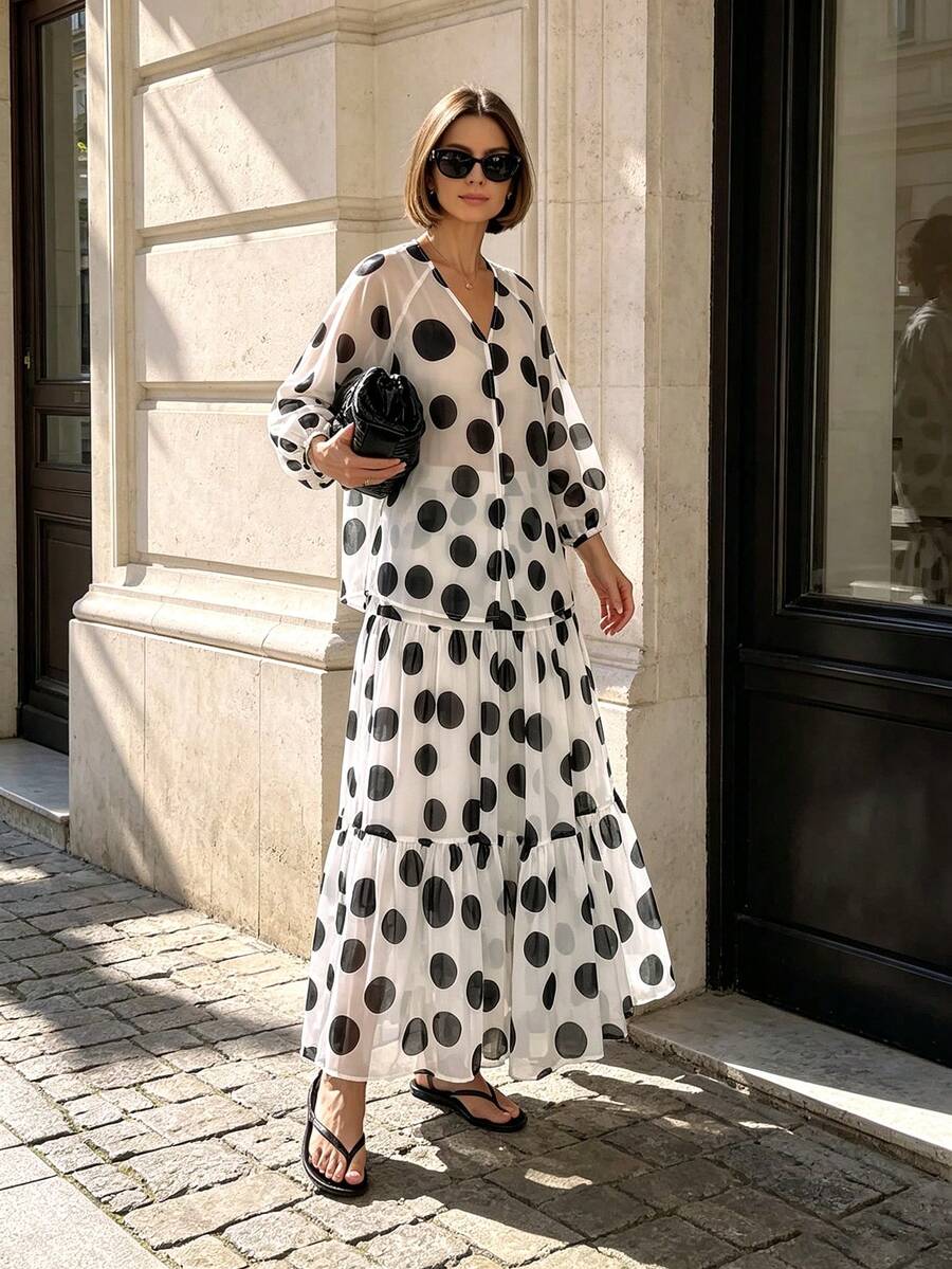 2pcs White & Black Polka Dot Print: V-Neck Sheer Puff Sleeve Top And Layered Ruffle Hem Maxi Skirt - Black and White - View 1