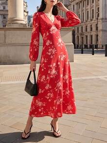 Fall Women Floral Midi Dress, V‑Neck Long Puff Sleeve Flowy A‑Line Printed Long Dress - Red - View 3