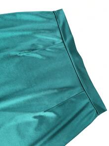 Curvy Women Elegant Satin Two Pieces Set Button Front Peplum Top And Midi Pencil Skirt Slim Fit Business Party Office Work Wear Fall Outfit - Green - View 8