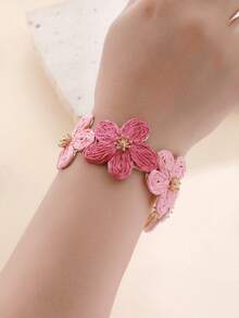 1 pieza Brazalete ancho de flor tejida de doble color rojo y rosa estilo Ins, brazalete ajustable de tono tierra estético vintage para chica suave, adecuado para vacaciones en la playa, picnic de primavera/verano, camping, atuendo Maillard de otoño/invierno, desplazamiento diario al trabajo, fotografía de viaje pastoral en ciudad antigua, a juego con vestido de lino marrón claro - Multicolor - Ver 8