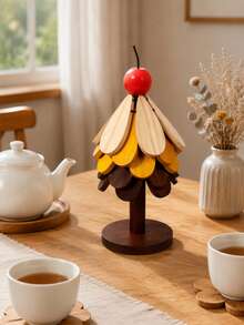 Wooden Christmas Tree Coaster Set With Yellow Star Topper, Heat-Resistant Leaf-Shaped Drink Coasters With Base, Mini Christmas Tree Desktop Decor, 2-In-1 Home & Office Desk Ornament, Unique Christmas Housewarming Gift - View 2