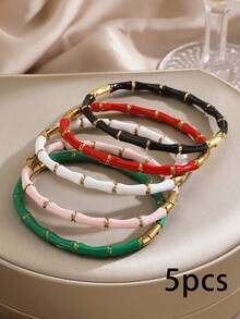 5 pièces/1 pièce Bracelet en acier inoxydable minimaliste avec joint en bambou et goutte d'huile colorée, convient pour le port quotidien et les fêtes des femmes - Multicolore - Voir 11