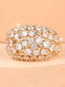 1 Exquisite Full- Zirconia Tree-Branch Openwork Design Women's Ring-A Glamorous, Eye-Catching Accessory For Evening Events - Yellow Gold - View 3