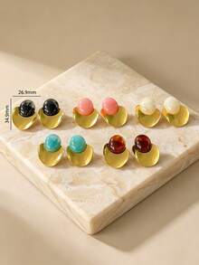 VJS 1 Pair Vintage French Style Resin Round Bead Stud Earrings, Color-Block Half-Circle Metal Patchwork Design, Women's Daily Commute, Date, Party Earrings - Resin Ball Stud Earrings - View 5