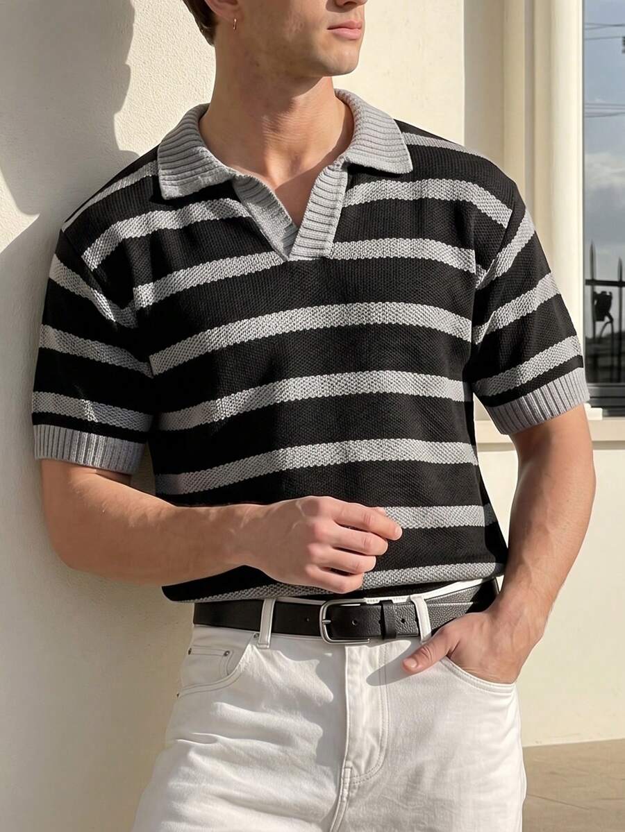 男士中性 Polo 領針織毛衣,休閒商務通勤,落肩條紋拼色寬鬆版型短袖針織上衣,春夏款 - 黑色 - 查看 1