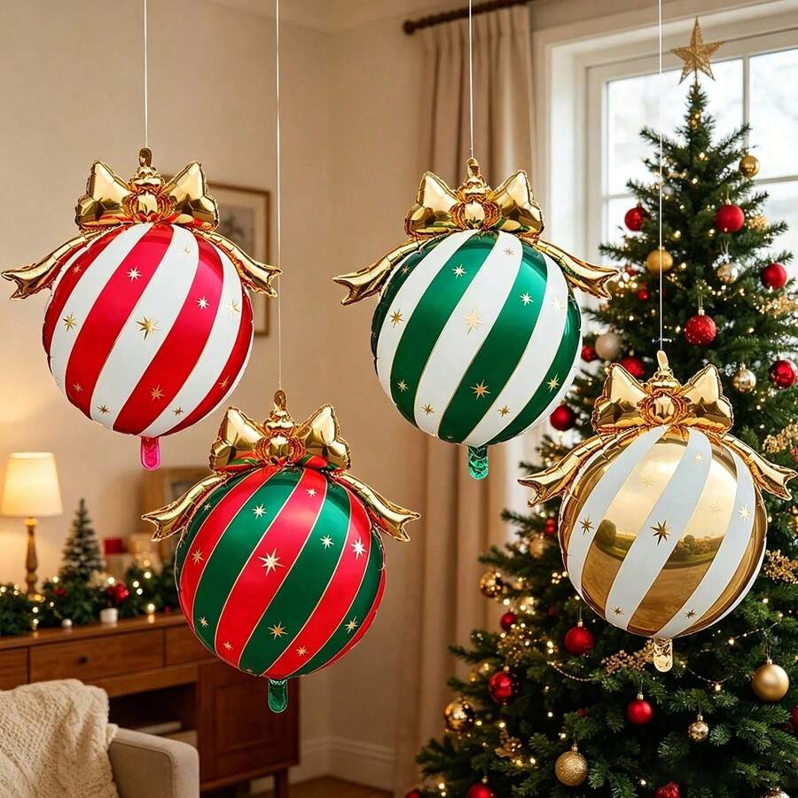 Christmas Bow & Colorful Ball Foil Balloon Set, Suitable For New Year, New Year's Day, Christmas, Birthday, Home, Window Display, Photography Decoration - Multicolor - View 1