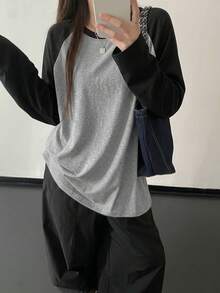 Women's Y2K Black/Grey & Black/White Contrast Minimalist Loose Versatile Home Daily Street Commute Raglan Sleeve Round Neck 2-Piece Top Set - Multicolor - View 5