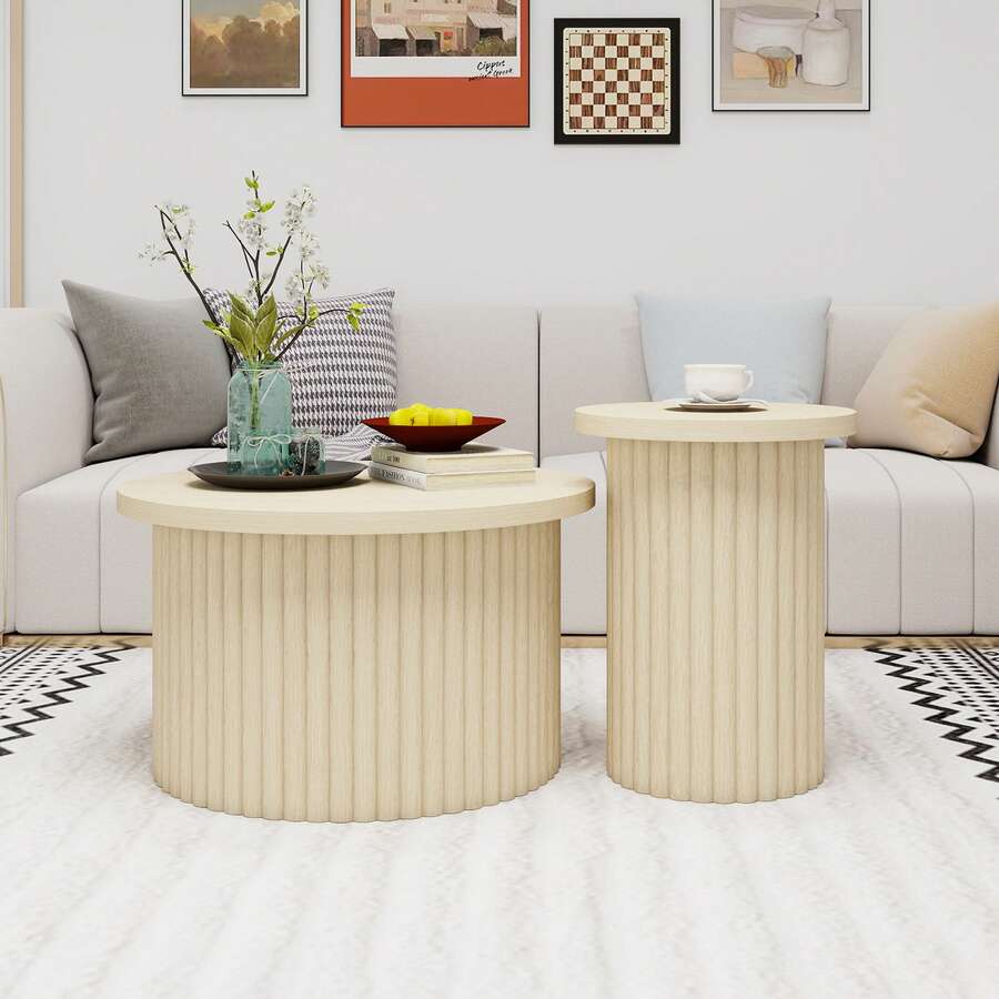 Round Coffee Table Set - 2 Piece, Natural Wood Finish - Natural - 查看 1