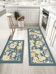 1 Pc Deep Blue Flower Pattern Kitchen Mat, 3.5 Mm Soft Rubber That Absorbs Water And Is Easy To Clean. Suitable For Corridors, Bathrooms, Living Rooms, Outdoor Door Mats, And Toilets. Useable Throughout The Year And For Various Holidays. - Multicolor - View 8