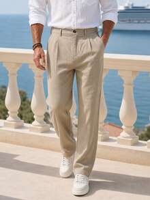 DAZY Men's Linen Casual Loose Fit Business Suit Pants, Straight Leg, Solid Color, Suitable For Spring And Autumn - Khaki - View 6