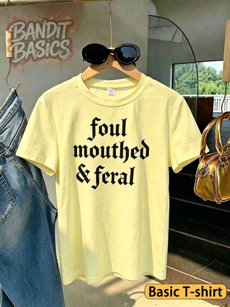 100% Cotton Crop Top T-Shirt With Gothic Lettering Foul Mouthed  , On Wooden Hanger, Glasses, Blue Jeans, Indoor Staircase, Vacation Outfitswomen - 基礎T-黃色 - 查看 1
